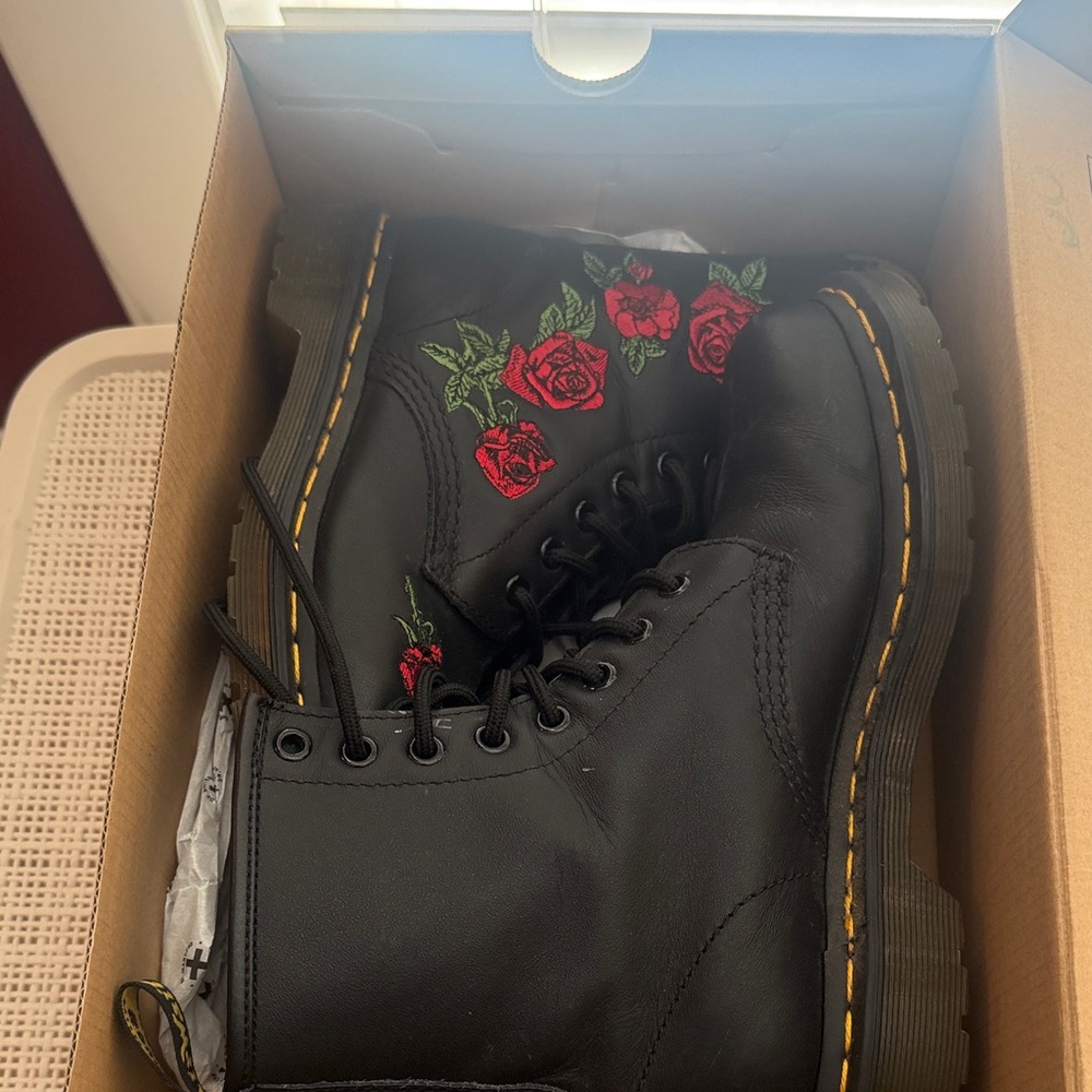 Dr. Martens Black Combat Boots with Red Rose Embroidery - Picture 1 of 4